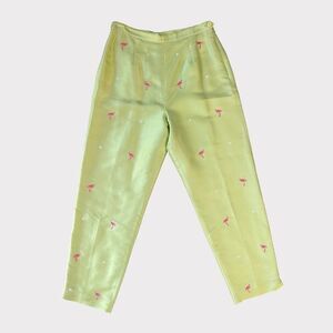 Y2K Silkland Lime Green Silk Pants w/ Embroidered Crane Flower Size 6